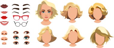 Kadın yüz yapıcı, kadın karakter avatarı koyu tenli, saç stili, burun, kaşlı ve dudaklı gözler. Çizgi film vektörü seti için izole yüz unsurları