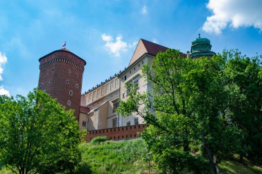 The view of the Wawel Royal Castle from the ground. Fortress wall, Wawel Danish tower, representative royal chambers. Ancient facade of the building Wawel Castle City of Krakow. High quality photo clipart