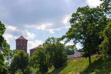 The view of the Wawel Royal Castle from the ground. Fortress wall, Wawel Danish tower, representative royal chambers. Ancient facade of the building Wawel Castle City of Krakow. High quality photo clipart