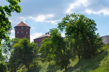 Wawel Kraliyet Kalesi 'nin yerden görünüşü. Kale duvarı, Wawel Danimarka kulesi, temsili kraliyet odaları. Wawel Şatosu Krakow 'un eski binası. Yüksek kalite fotoğraf