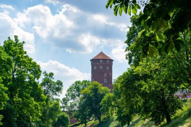 Wawel Kraliyet Kalesi 'nin yerden görünüşü. Kale duvarı, Wawel Danimarka kulesi, temsili kraliyet odaları. Wawel Şatosu Krakow 'un eski binası. Yüksek kalite fotoğraf