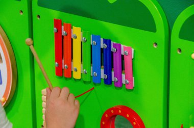 Çocuk Montessori oyunu oynuyor. Çocuk tahta oyuncak ayırıcı topluyor. Çok renkli geometrik şekiller, daire, kare, üçgen, dikdörtgen. Erken çocukluk gelişimi. Yüksek kalite fotoğraf