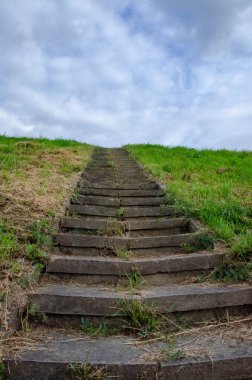 Parkta yeşil çimenli, kavisli beton merdiven. Yüksek kalite fotoğraf