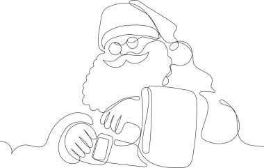 Bir çuval dolusu hediyeyle özetlenmiş şirin Noel Baba çizgi film karakteri. Vektör El Çizimi Çizimi. Noel Baba 'yı ren geyiği ve kızağa çizen bir çizgi. Noel ve Yeni Yıl kavramı