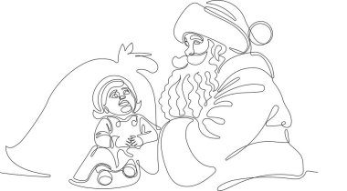 Bir çuval dolusu hediyeyle özetlenmiş şirin Noel Baba çizgi film karakteri. Vektör El Çizimi Çizimi. Noel Baba 'yı ren geyiği ve kızağa çizen bir çizgi. Noel ve Yeni Yıl kavramı