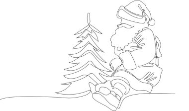 Bir çuval dolusu hediyeyle özetlenmiş şirin Noel Baba çizgi film karakteri. Vektör El Çizimi Çizimi. Noel Baba 'yı ren geyiği ve kızağa çizen bir çizgi. Noel ve Yeni Yıl kavramı