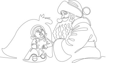 Bir çuval dolusu hediyeyle özetlenmiş şirin Noel Baba çizgi film karakteri. Vektör El Çizimi Çizimi. Noel Baba 'yı ren geyiği ve kızağa çizen bir çizgi. Noel ve Yeni Yıl kavramı