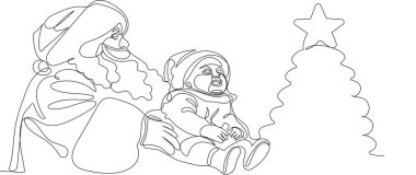 Bir çuval dolusu hediyeyle özetlenmiş şirin Noel Baba çizgi film karakteri. Vektör El Çizimi Çizimi. Noel Baba 'yı ren geyiği ve kızağa çizen bir çizgi. Noel ve Yeni Yıl kavramı
