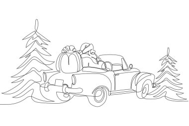 Bir çuval dolusu hediyeyle özetlenmiş şirin Noel Baba çizgi film karakteri. Vektör El Çizimi Çizimi. Noel Baba 'yı ren geyiği ve kızağa çizen bir çizgi. Noel ve Yeni Yıl kavramı