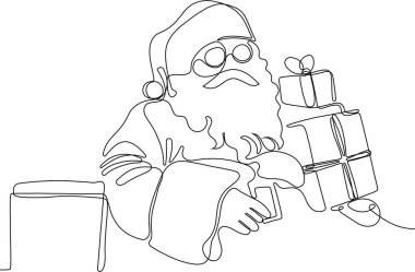  Noel Baba 'yı ren geyiği ve kızağa çizen bir çizgi. Noel ve Yeni Yıl konsepti. vektör illüstrasyonu