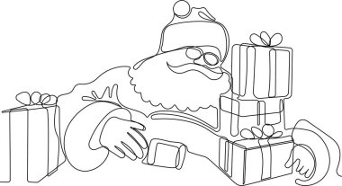  Noel Baba 'yı ren geyiği ve kızağa çizen bir çizgi. Noel ve Yeni Yıl konsepti. vektör illüstrasyonu