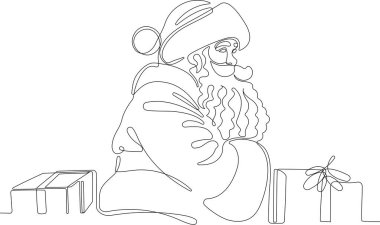 Noel Baba 'yı ren geyiği ve kızağa çizen bir çizgi. Noel ve Yeni Yıl konsepti. Vektör çizimi. Vektör illüstrasyonu