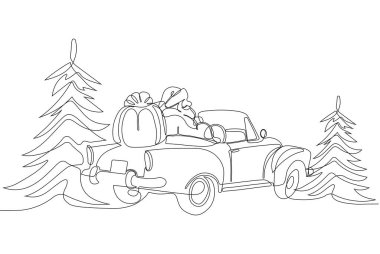 Noel Baba 'yı ren geyiği ve kızağa çizen bir çizgi. Noel ve Yeni Yıl konsepti. Vektör çizimi. Vektör illüstrasyonu