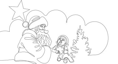 Noel Baba 'yı ren geyiği ve kızağa çizen bir çizgi. Noel ve Yeni Yıl konsepti. Vektör çizimi. Vektör illüstrasyonu