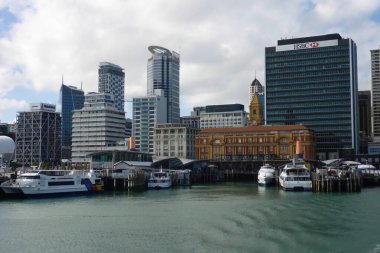 Ferry terminal pier 1 and 2, with ships, in Auckland harbour, North Island, New Zealand.