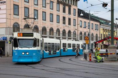Tram at Gustaf Adolfs torg in central Gothenburg, Vastergotland, Sweden.