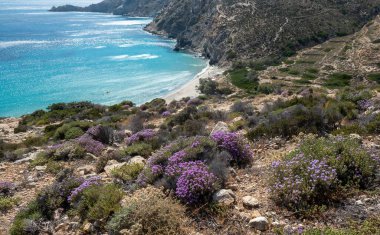 Yunanistan 'ın Ege Denizi' ndeki Donousa adasındaki Rocky sahili ve plajı