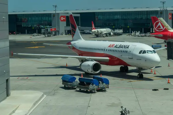 stock image Airliners from Air Albania and Turkish Airlines at Istanbul (new) Airport, Turkey.