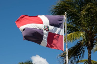 Dominik Cumhuriyeti, Karayipler 'deki Catalina adasındaki sahilde ulusal bayrak.