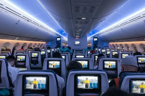 Newark Liberty Uluslararası Havalimanı, Newark, ABD 'de bir uçağın içi..