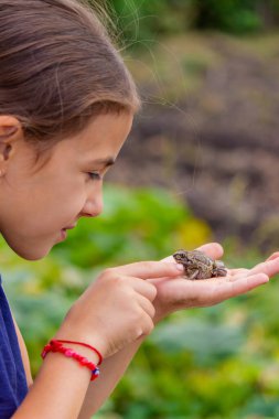 Kız, kurbağayı avucunun içinde tutuyor. Seçici odaklanma. Doğa