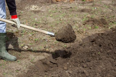 Bahçesinde bahçe aletleri olan lastik çizmeli çiftçi, seçici odaklı.