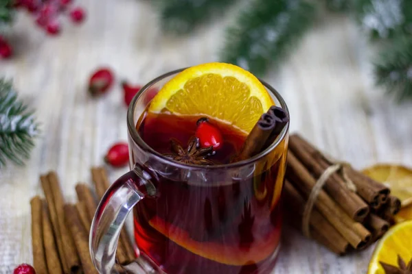 Cups Hot Mulled Wine Wooden Background New Year Concept — Stock Photo, Image