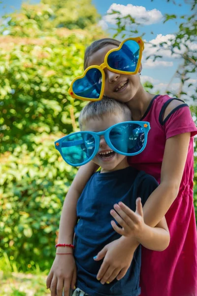 Children Enjoy Nature Glasses Selective Focus Nature — Stockfoto