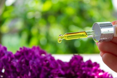 Şırınga leylağı, temel yağ. Bir şişe leylak çiçekli güzellik yağı. seçici odak