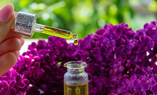 Siringa Lila Aceite Esencial Botella Aceite Belleza Con Flores Color —  Fotos de Stock