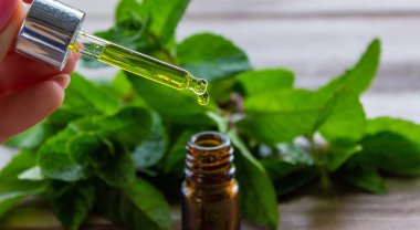 Küçük bir kavanoza nane özü. Seçici odak.