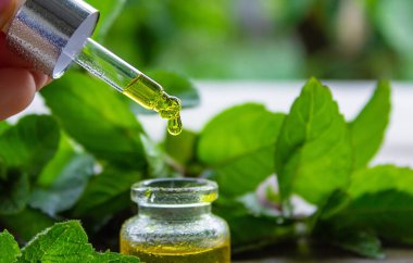 Küçük bir kavanoza nane özü. Seçici odak.