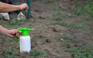 farmer sprays weeds in the garden. Selective focus. nature