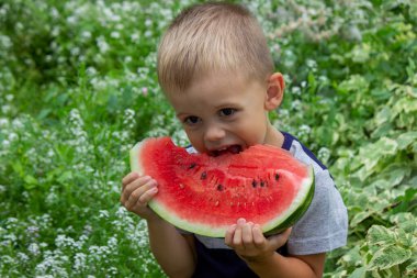 A child eats a watermelon. Selective focus. Nature