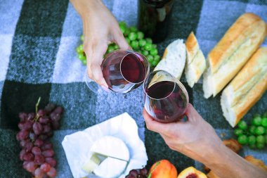 picnic in nature, girl pouring wine, couple in love. nature. selective focus