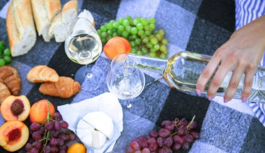 picnic in nature, girl pouring wine, couple in love. nature. selective focus