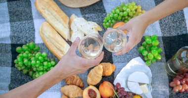 picnic in nature, girl pouring wine, couple in love. nature. selective focus