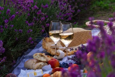 wine, fruits, berries, cheese, glasses picnic in lavender field Selective focus Nature