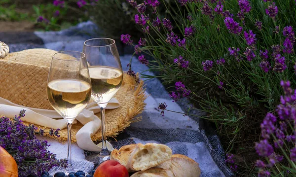 stock image wine, fruits, berries, cheese, glasses picnic in lavender field Selective focus Nature