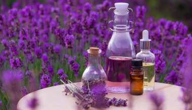 Lavanta yağlı kavanozlar, lavanta çiçekleri, lavanta tarlasının arka planında. Seçici odak