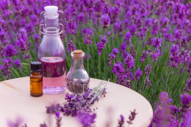 Lavanta yağlı kavanozlar, lavanta çiçekleri, lavanta tarlasının arka planında. Seçici odak