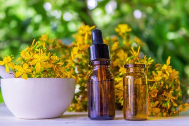 St. John 's küçük bir şişede gerekli yağ. Seçici odaklanma. Doğa.