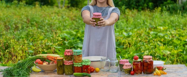 Woman Preserves Vegetables Jars Selective Focus Food — Stockfoto