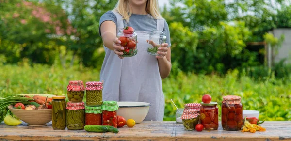 Woman Preserves Vegetables Jars Selective Focus Food — Stock Photo, Image