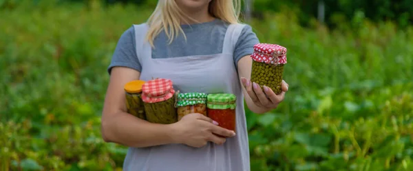 Woman Preserves Vegetables Jars Selective Focus Food — Stok fotoğraf