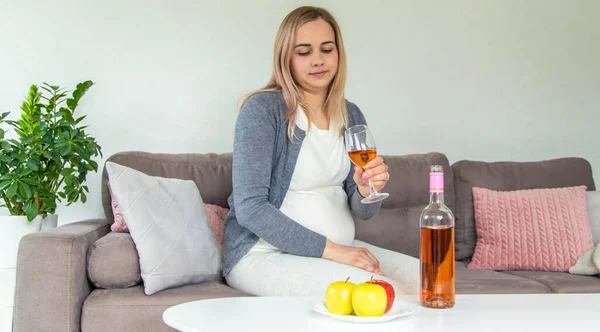 Pregnant Woman Drinks Wine Glass Selective Focus Food — Stock Photo, Image