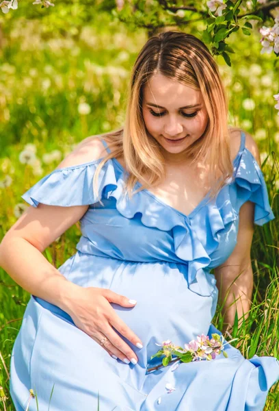 在苹果树盛开的花园里怀孕的女人 有选择的重点 — 图库照片