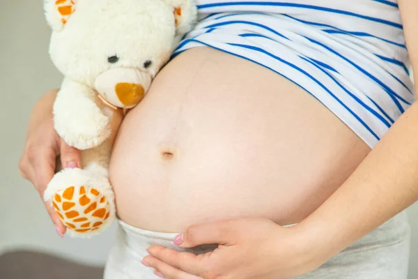 Schwangere Und Weißer Teddybär Selektiver Fokus Niedlich — Stockfoto