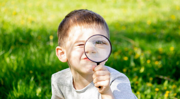 the boy looks at the flower through a magnifying glass. selective focus
