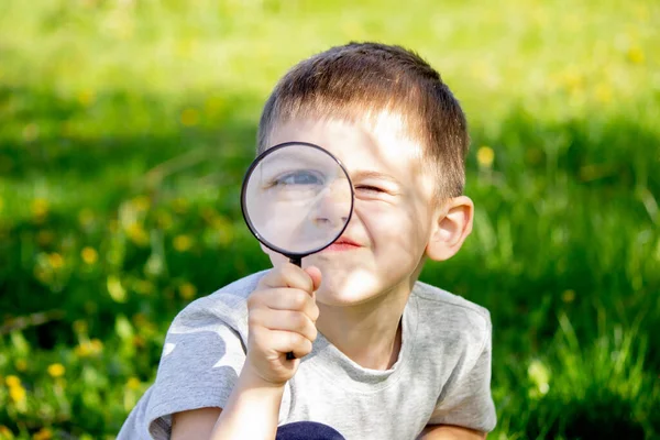Pojken Tittar Blomman Genom Ett Förstoringsglas Selektivt Fokus — Stockfoto
